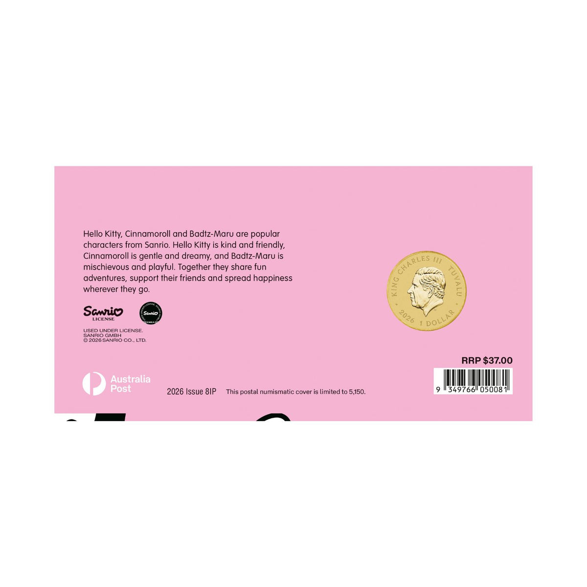 Hello Kitty, Cinnamoroll & Badtz-Maru 2026 $1 Stamp & Coin Cover
