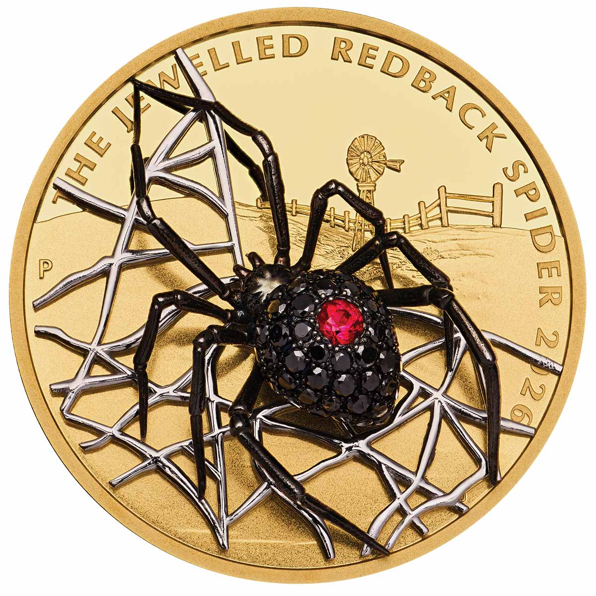 Australia Jewelled Redback Spider 2026 $200 Black Diamond & Ruby 2oz Gold Proof Coin