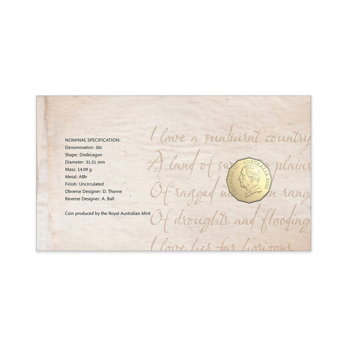 Australia Dorothea Mackellar - My Country 2025 50c Stamp & Coin Cover