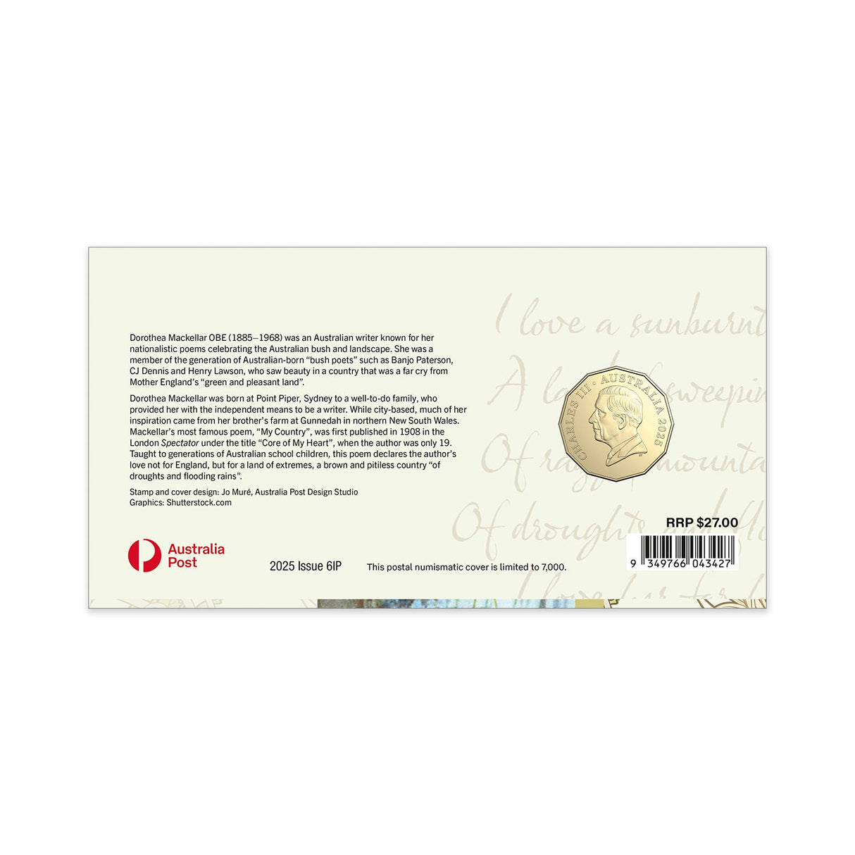 Australia Dorothea Mackellar - My Country 2025 50c Stamp & Coin Cover