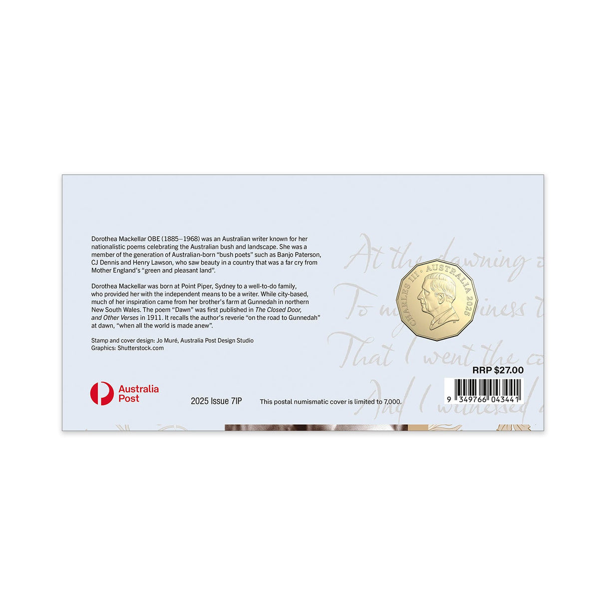 Australia Dorothea Mackellar - Dawn 2025 50c Stamp & Coin Cover