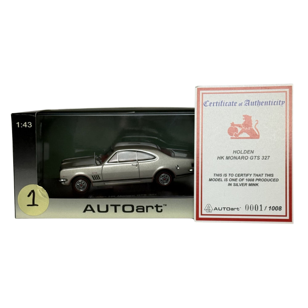 Certificate #1 - HOLDEN HK MONARO GTS 327 SILVER MINK - 1:43 Scale Diecast Model Car