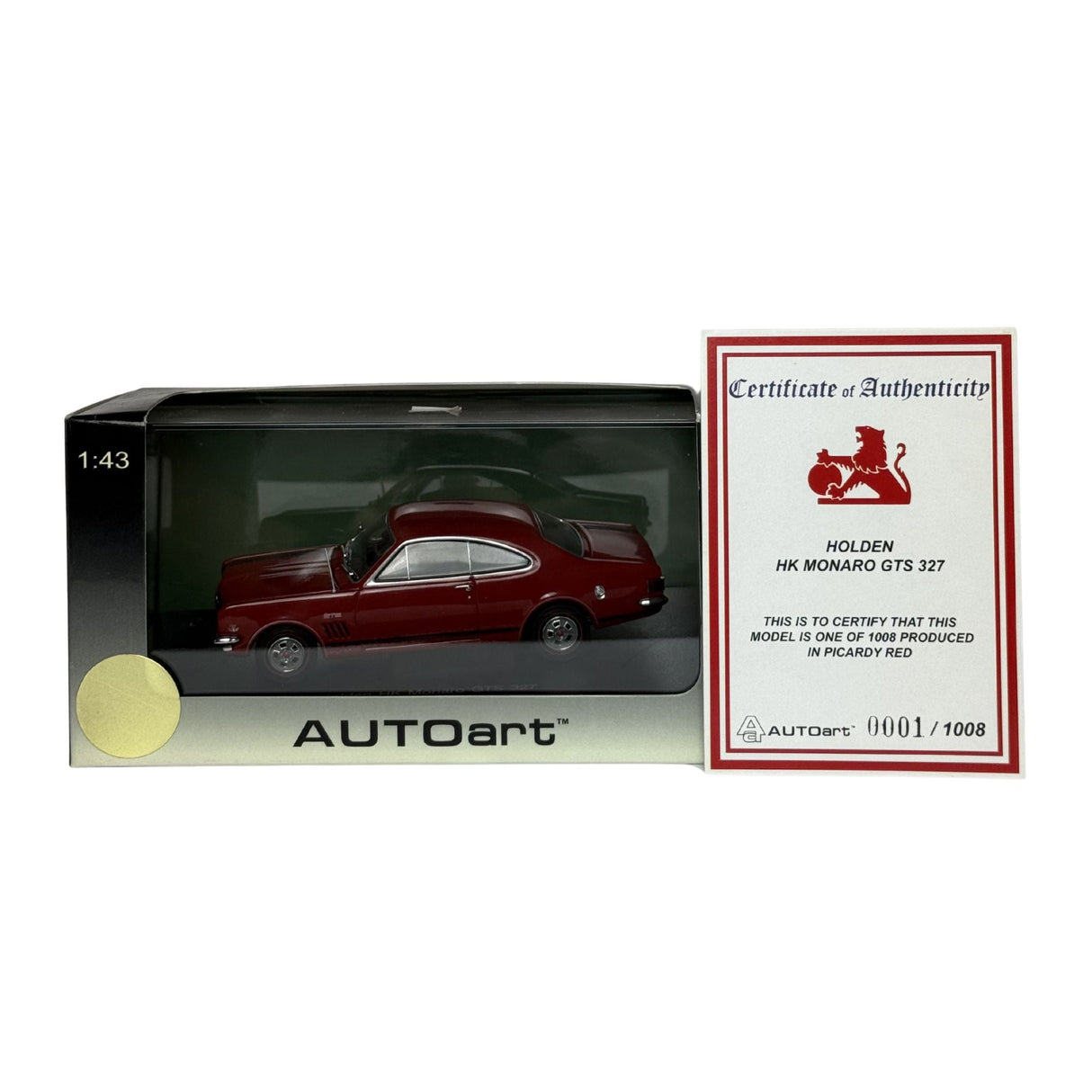 Certificate #1 - HOLDEN HK MONARO GTS 327 PICARDY RED - 1:43 Scale Diecast Model Car