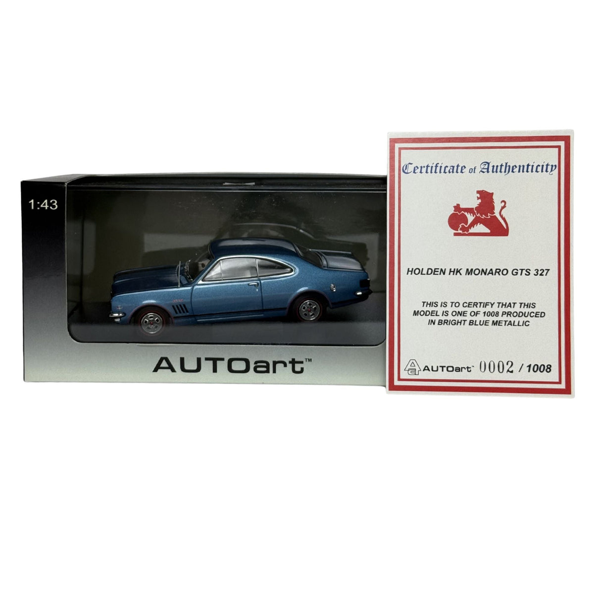 Certificate #2 - HOLDEN HK MONARO GTS 327 BLUE METALLIC - 1:43 Scale Diecast Model Car