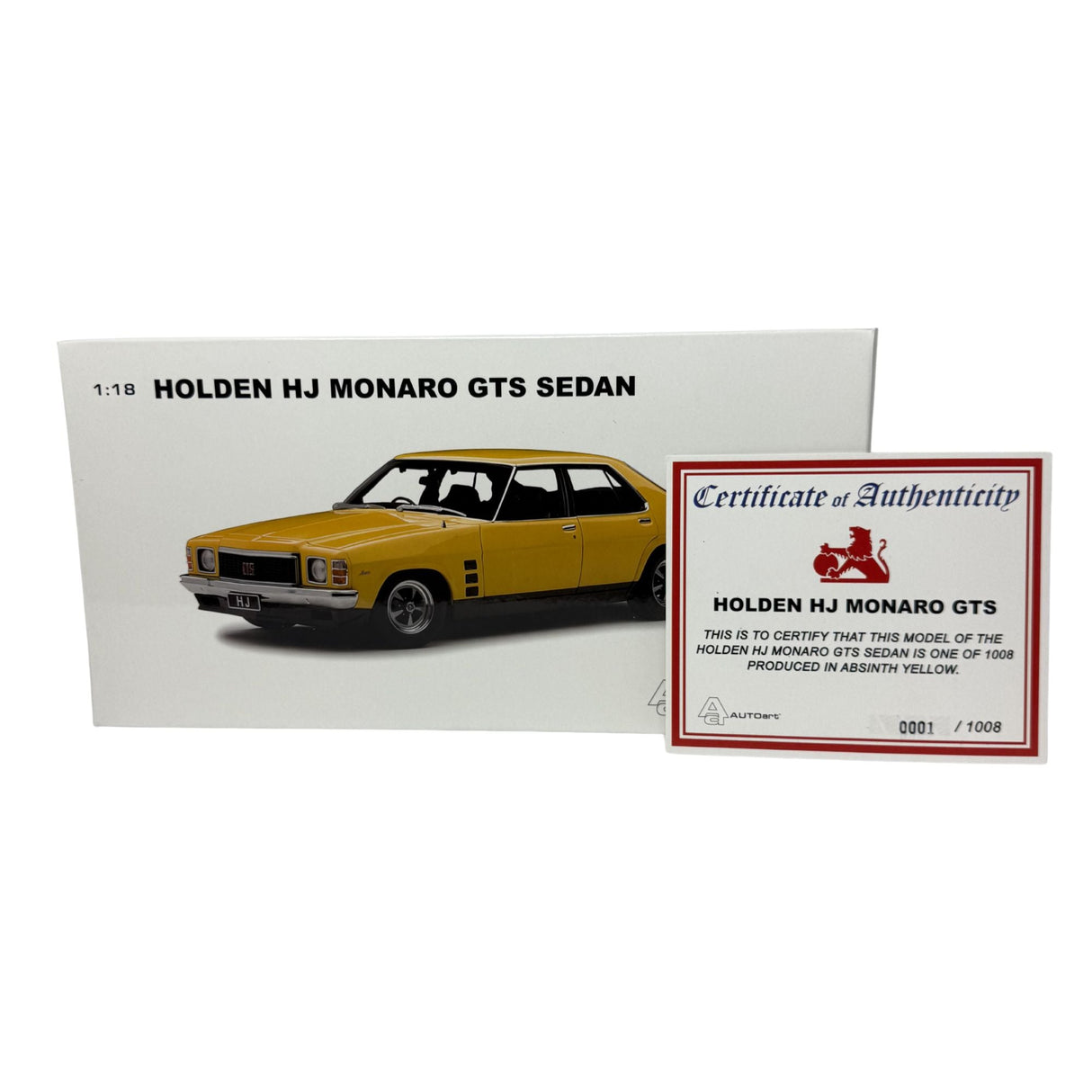 Certificate #1 - HOLDEN HJ MONARO GTS SEDAN ABSINTH YELLOW - 1:18 Scale Diecast Model Car