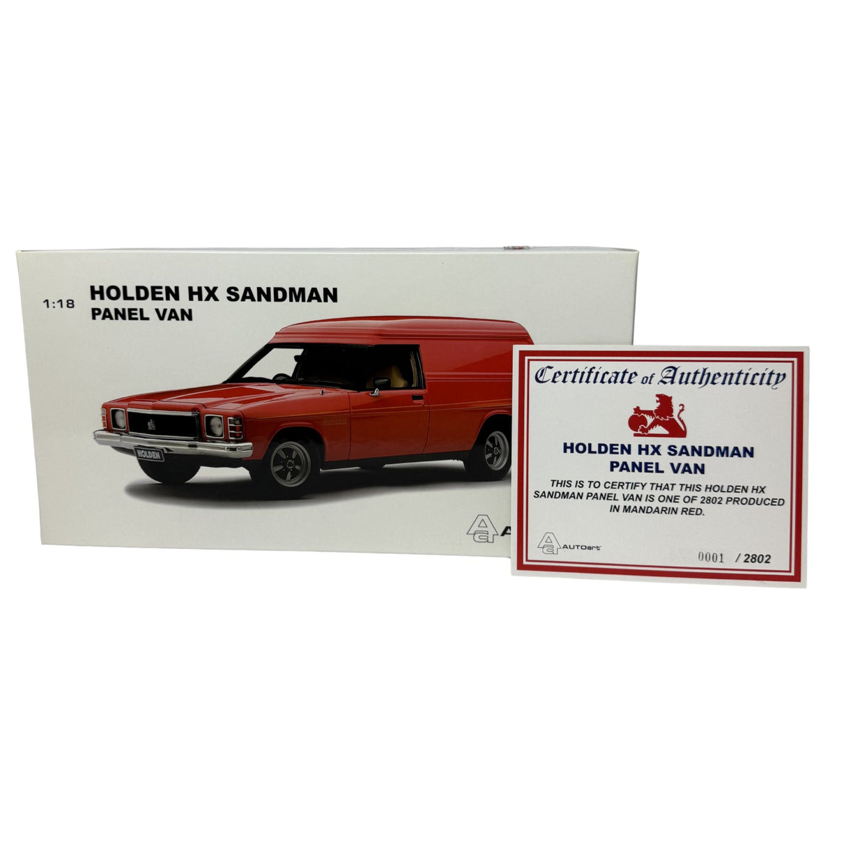 Certificate #1 - HOLDEN SANDMAN HX PANEL VAN 1976 MANDARIN RED - 1:18 Scale Diecast Model Car