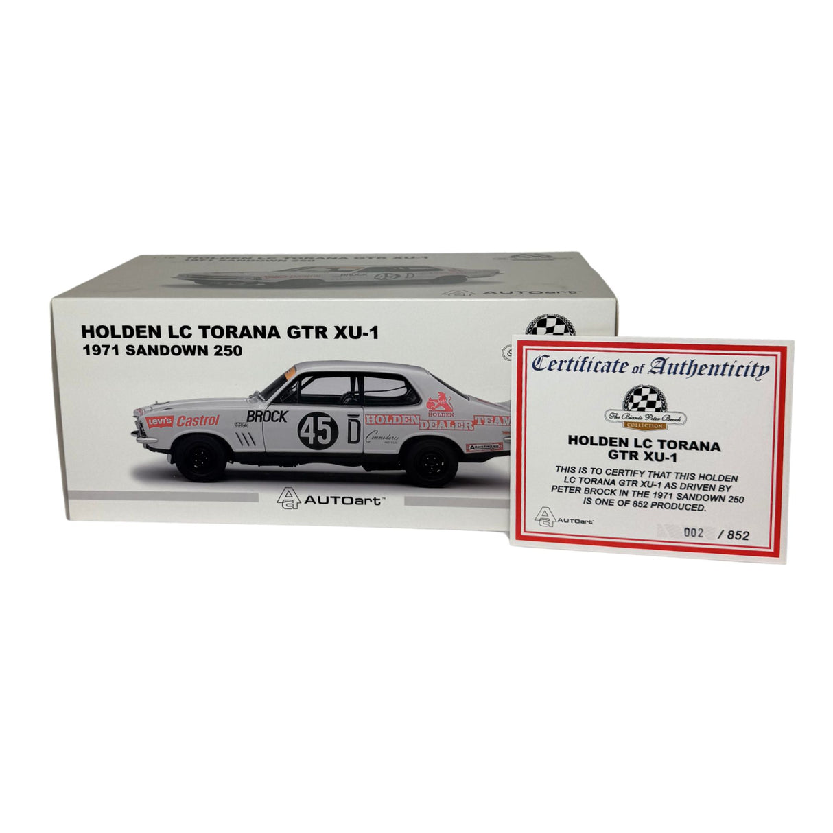 Certificate #2 - Peter Brock 1971 Sandown 250 Holden LC Torana GTR XU-1 - 1:18 Scale Diecast Model Car