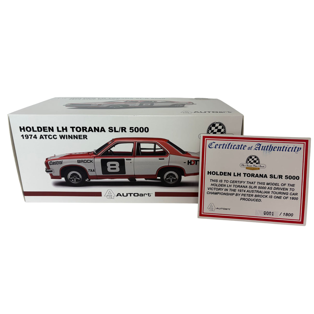 Certificate #1 - HOLDEN TORANA LH SL/R 5000 ATCC WINNER 1974 #8 PETER BROCK - 1:18 Scale Diecast Model Car