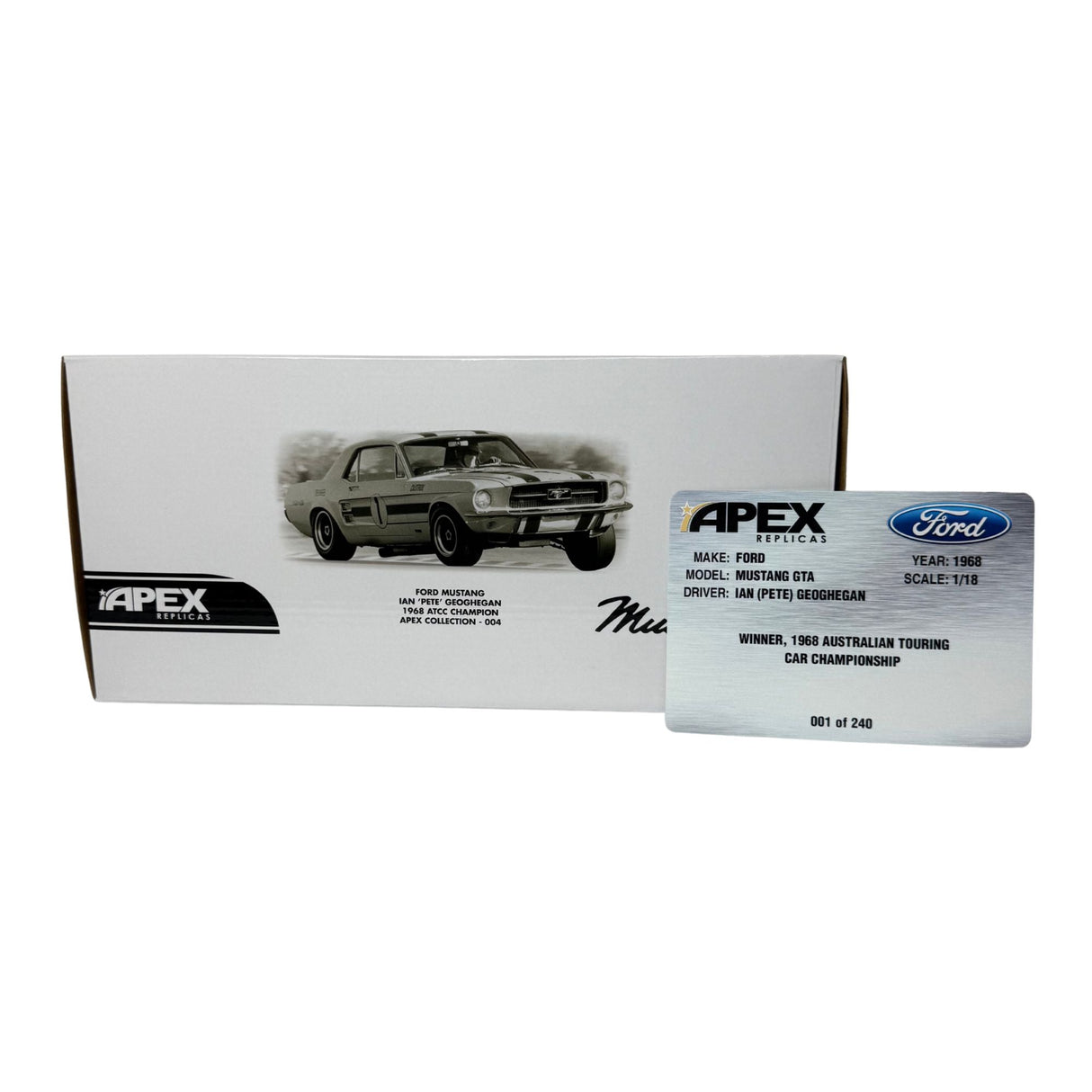 Certificate #1 - FORD MUSTANG IAN 'PETE'GEOGHEGAN 1968 ATCC CHAMPION APEX COLLECTION 004 - 1:18 Scale Resin Model Car