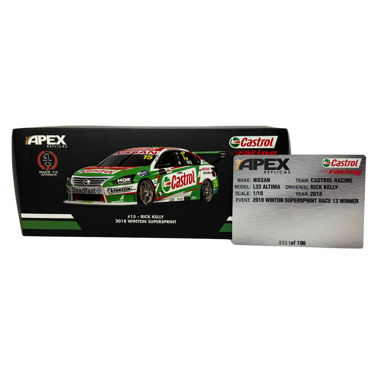 Certificate #1 - NISSAN L33 ALTIMA SUPERCAR CASTROL RACING 2018 WINTON SUPERSPRINT RACE 13 WINNER #15 RICK KELLY - 1:18 Scale Diecast Model Car