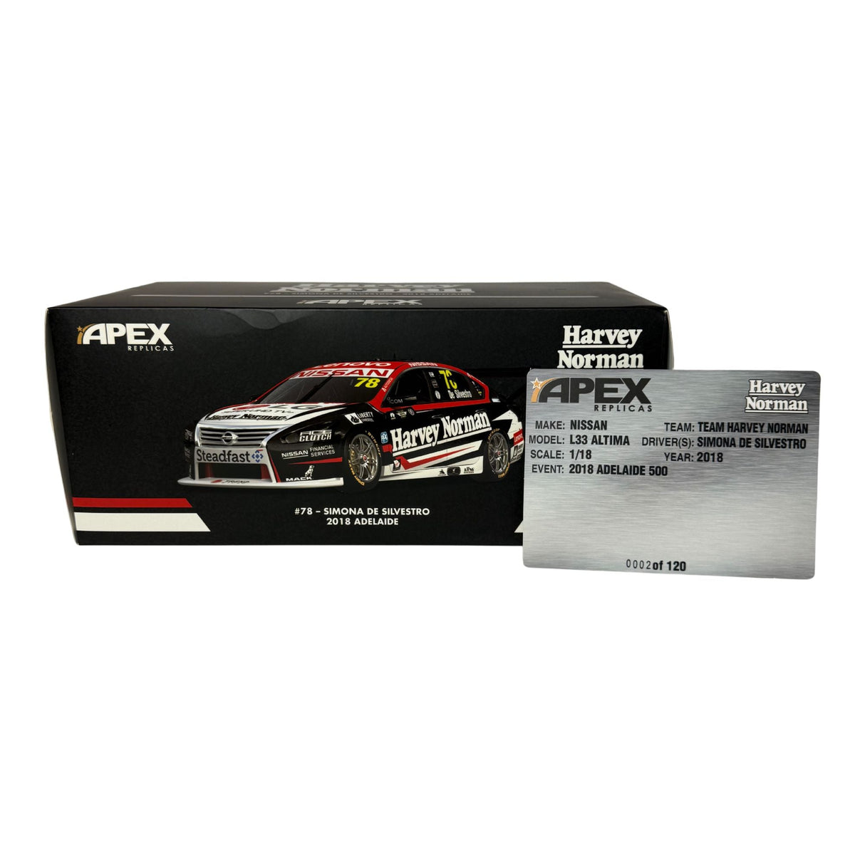 Certificate #2 - NISSAN L33 ALTIMA TEAM HARVEY NORMAN 2018 ADELAIDE 500 #78 SIMONA DE SILVESTRO - 1:18 Scale Diecast Model Car
