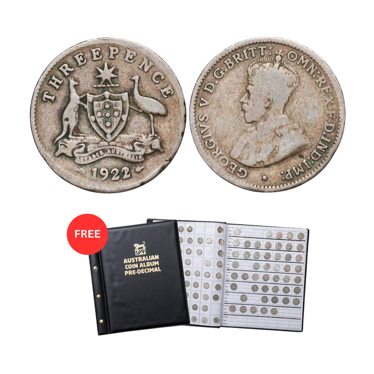 Australia George V 1922/21 Threepence Good-Very Good with FREE 1910-64 Threepence & Sixpence Good-Uncirculated 100-Coin Collection (No Overdates)