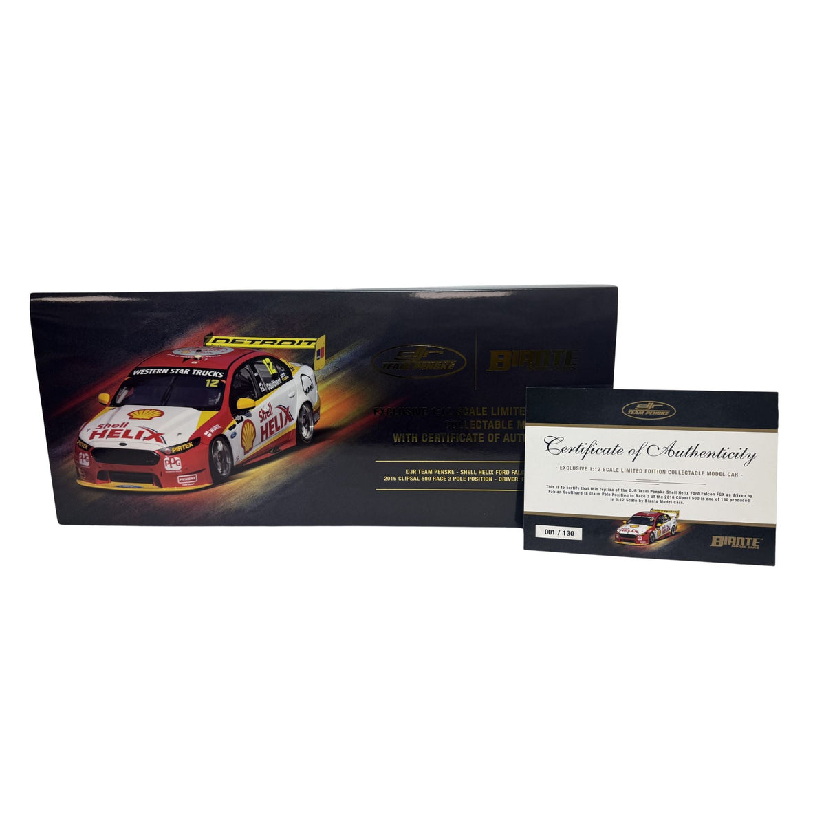Certificate #1 - FORD FALCON FGX DJR TEAM PENSKE - SHELL HELIX 2016 CLIPSAL 500 RACE 3 POLE POSITION #12 COULTHARD - 1:12 Scale Resin Model Car