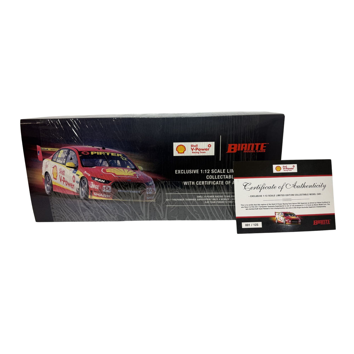 Certificate #1 - FORD FALCON FGX SHELL V POWER RACING (DJRTP'S FIRST CHAMPIONSHIP RACE WIN) 2017 TASMANIA SUPERSPRINT #12 COULTHARD  - 1:12 Scale Resin Model Car