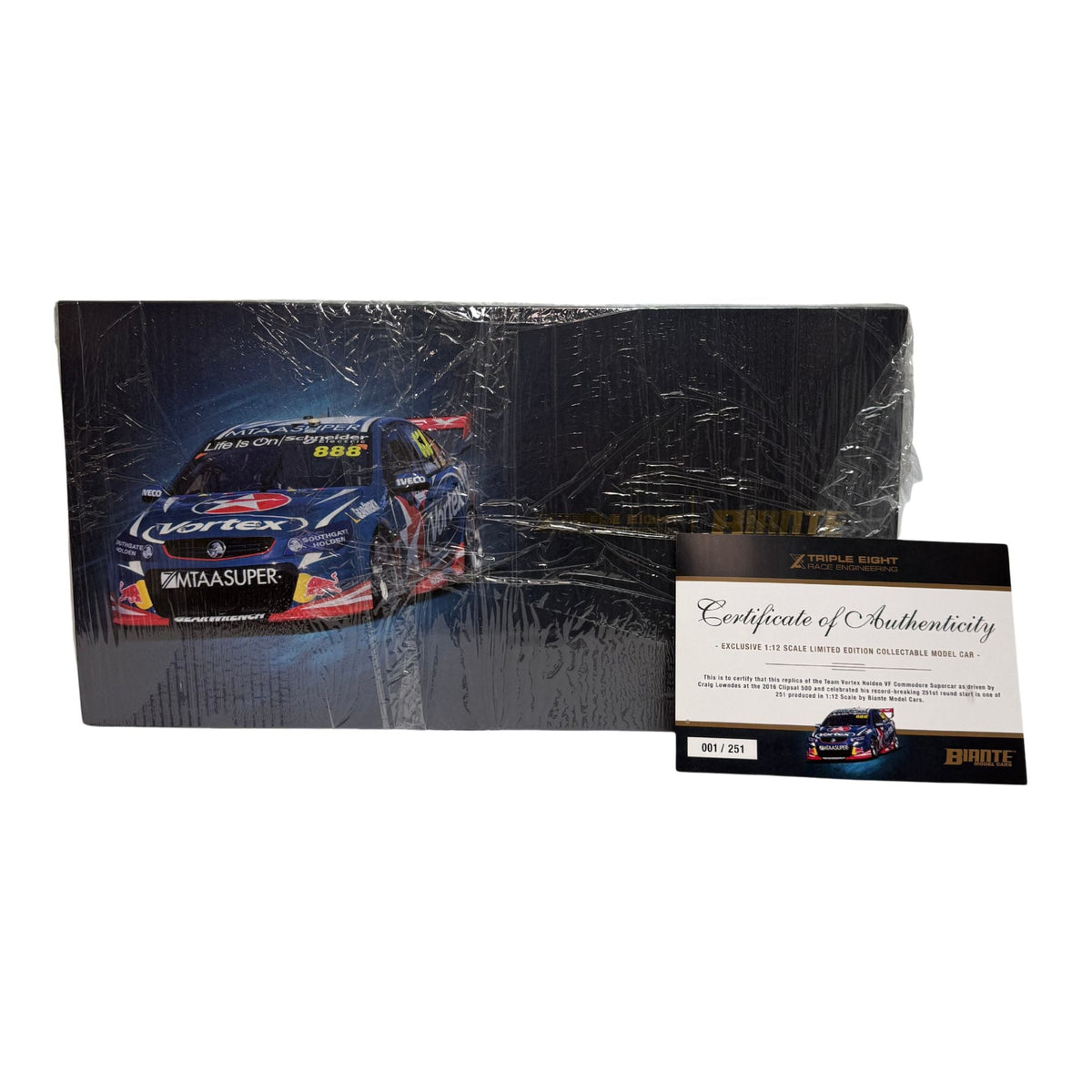 Certificate #1 - HOLDEN COMMODORE VF TEAM VORTEX 2016 CLIPSAL 500 251 STARTS RECORD BREAKER #888 CRAIG LOWNDES - 1:12 Scale Resin Model Car