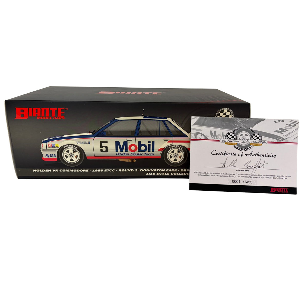 Certificate #1 - HOLDEN COMMODORE VK 1986 ETCC ROUND 2 #5 PETER BROCK/ALLAN MOFFAT - 1:18 Scale Diecast Model Car