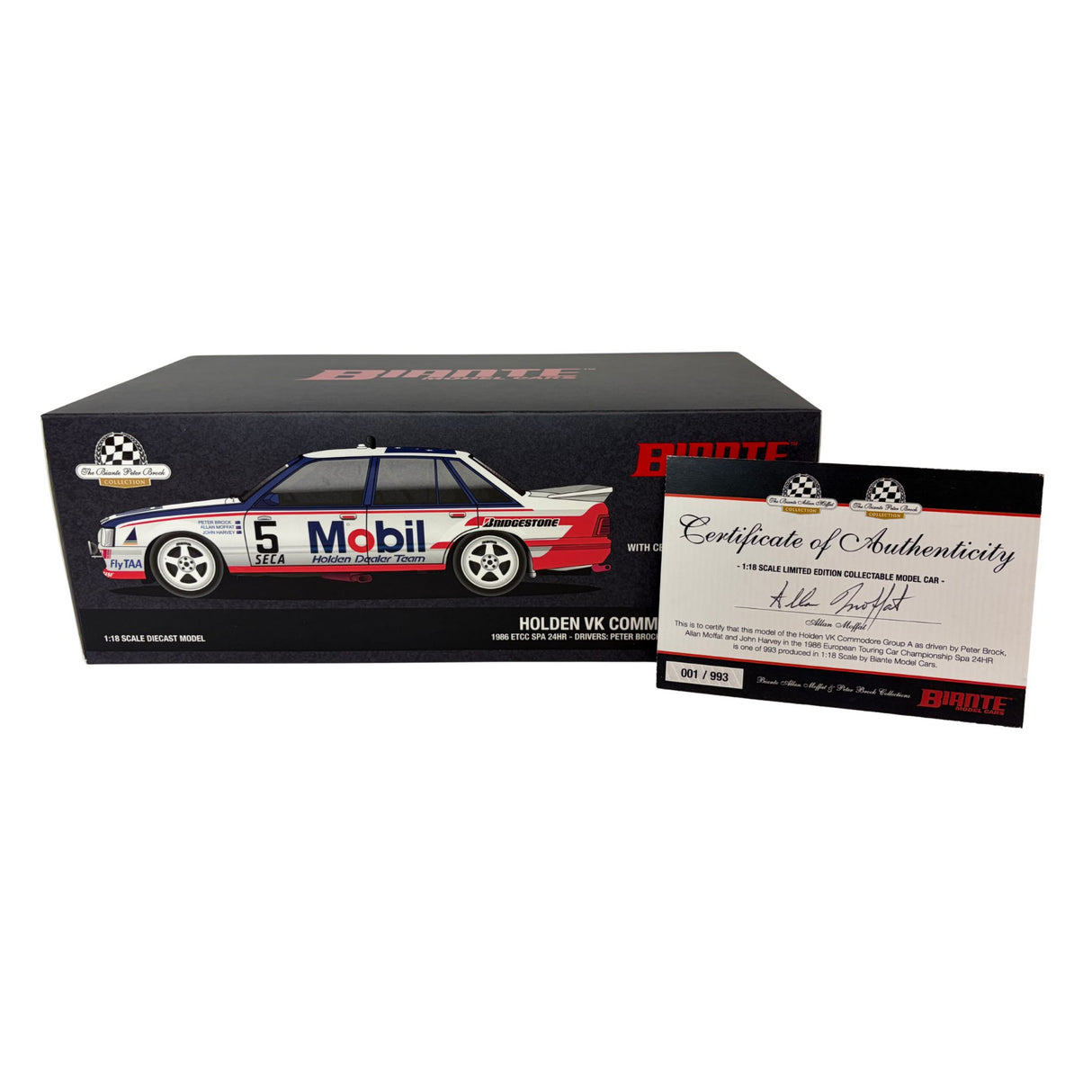 Certificate #1 - HOLDEN COMMODORE VK GROUP A 1986 ETCC SPA 24 HOUR #5 BROCK/MOFFAT/HARVEY - 1:18 Scale Diecast Model Car