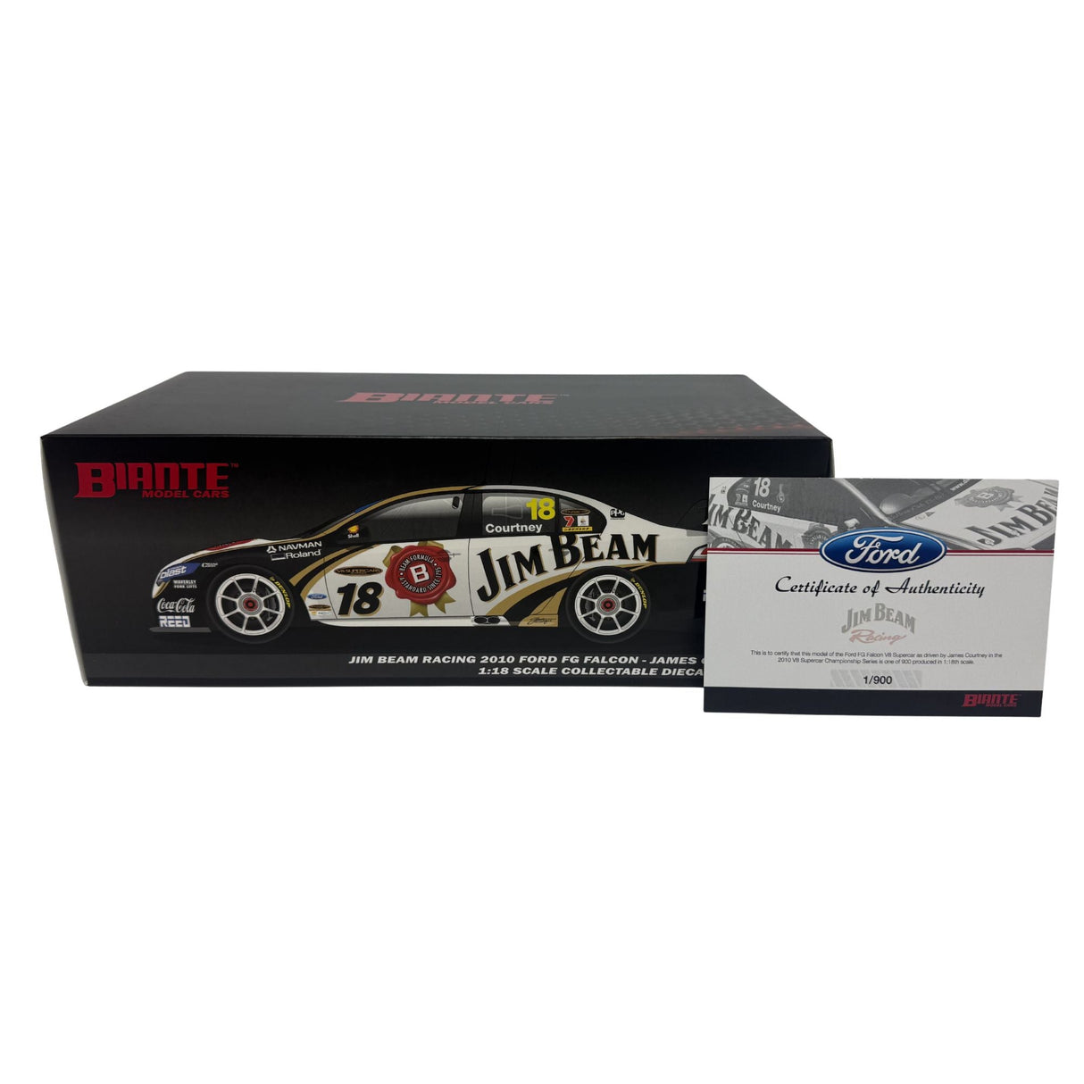 Certificate #1 - FORD FALCON FG V8 SUPERCAR - JIM BEAM RACING 2010 #18 JAMES COURTNEY  - 1:18 Scale Diecast Model Car