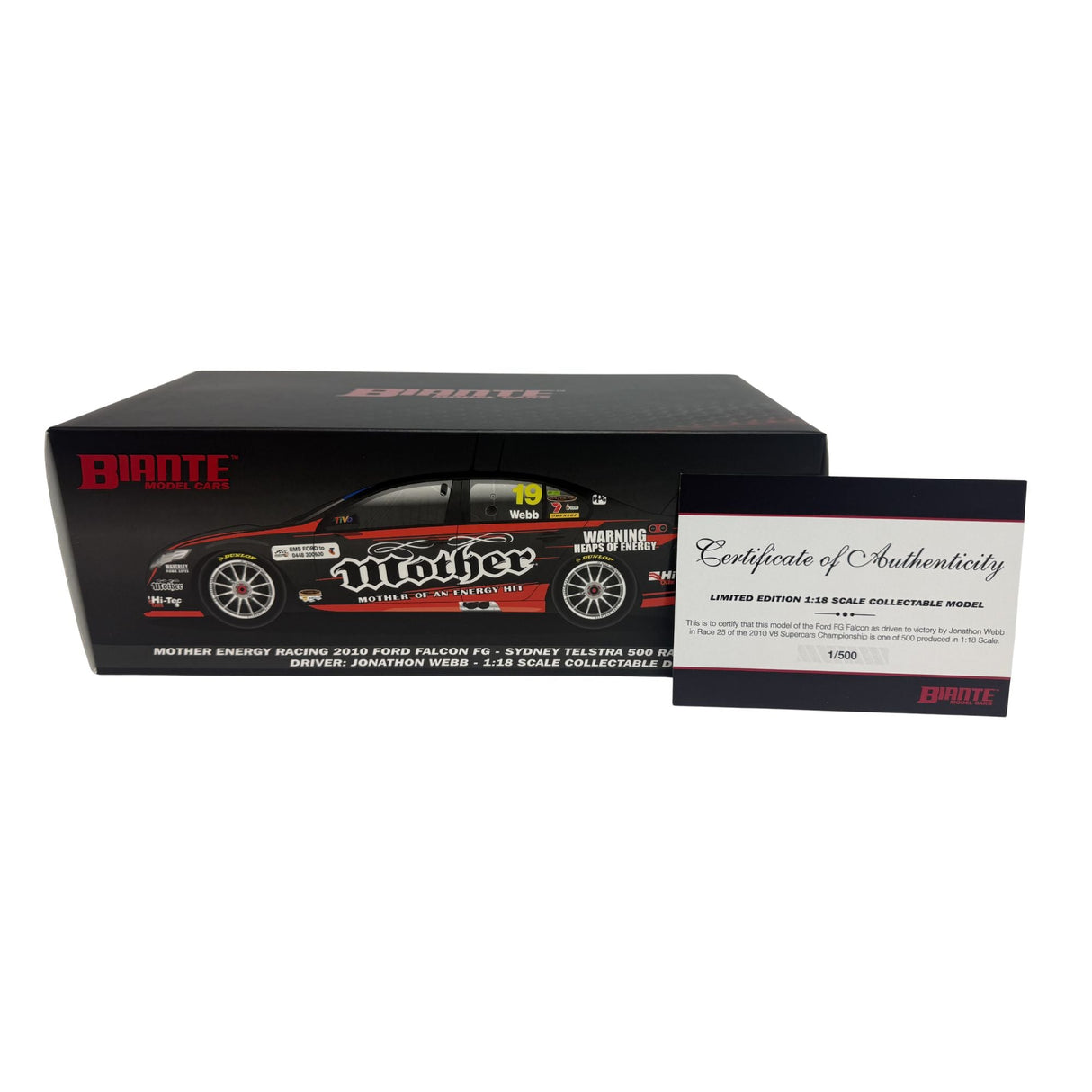 Certificate #1 - FORD FALCON FG MOTHER ENERGY RACING 2010 SYDNEY TELSTRA 500 RACE 25 WINNER #19 JONATHAN WEBB - 1:18 Scale Diecast Model Car