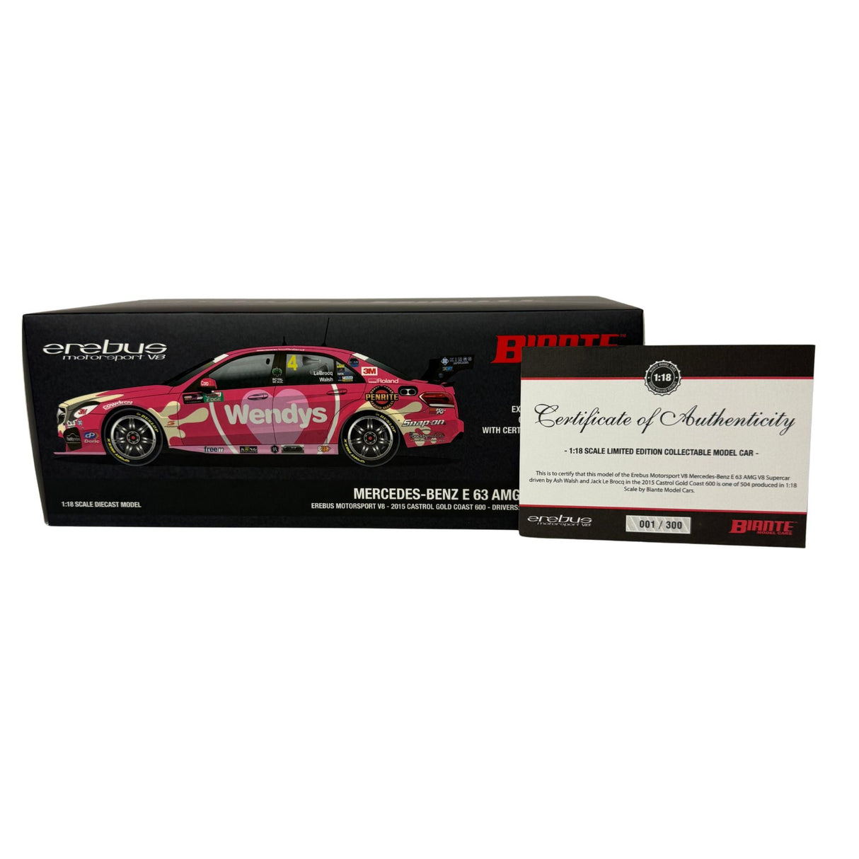 Certificate #1 - MERCEDES BENZ E 63 AMG EREBUS MOTORSPORT V8 2015 CASTROL GOLD COAST 600 #4 WALSH/LE BROCQ - 1:18 Scale Diecast Model Car