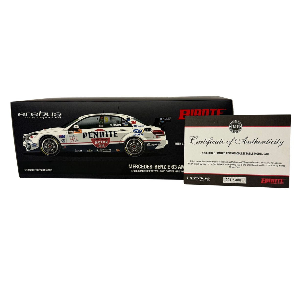 Certificate #1 - MERCEDES BENZ E 63 AMG EREBUS MOTORSPORT V8 2015 COATES HIRE SYDNEY 500 #4 WILL DAVISON - 1:18 Scale Diecast Model Car