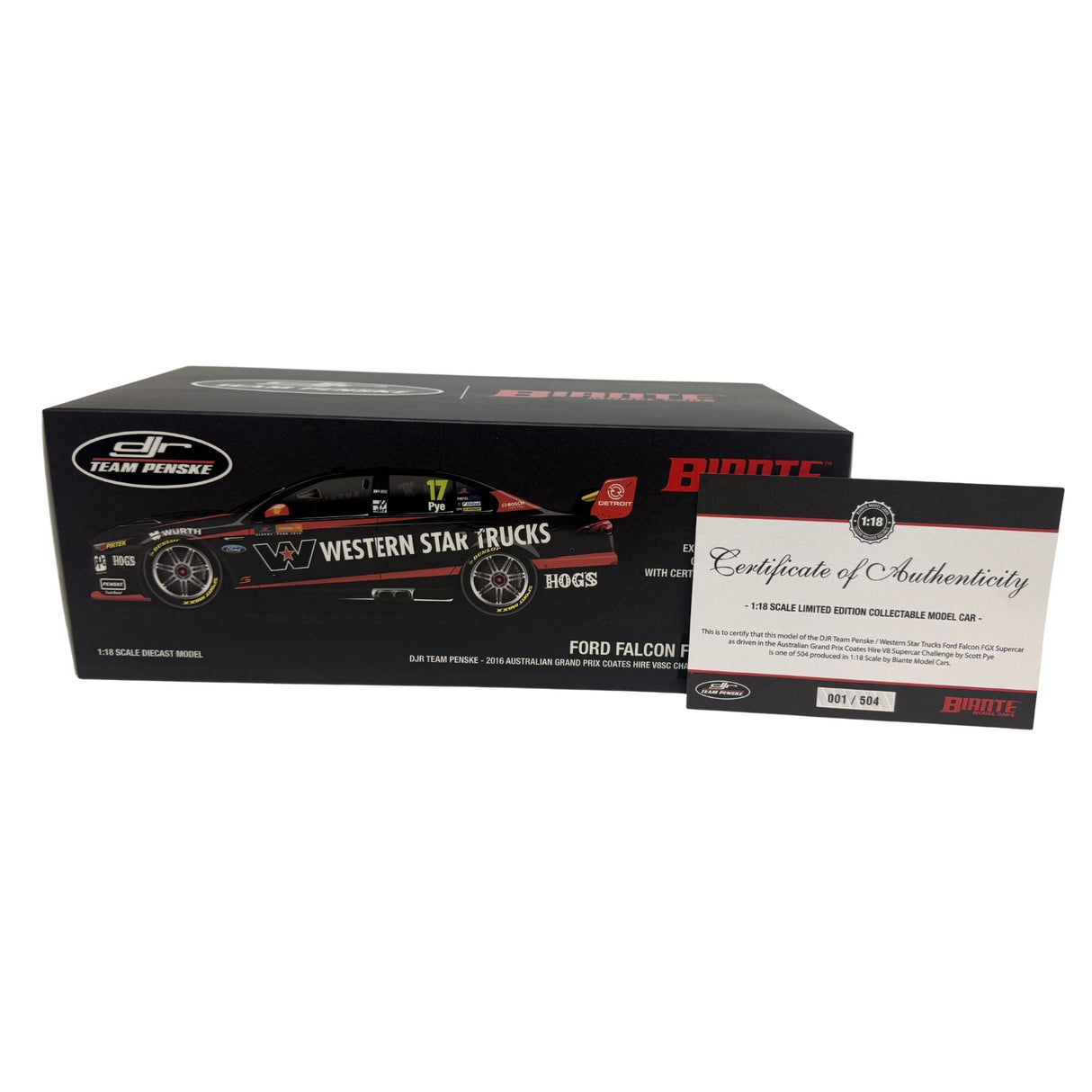 Certificate #1 - FORD FALCON FGX DJR TEAM PENSKE - WESTERN STAR TRUCKS 2016 AUSTRALIAN GRAND PRIX COATES HIRE V8SC #17 PYE - 1:18 Scale Diecast Model Car