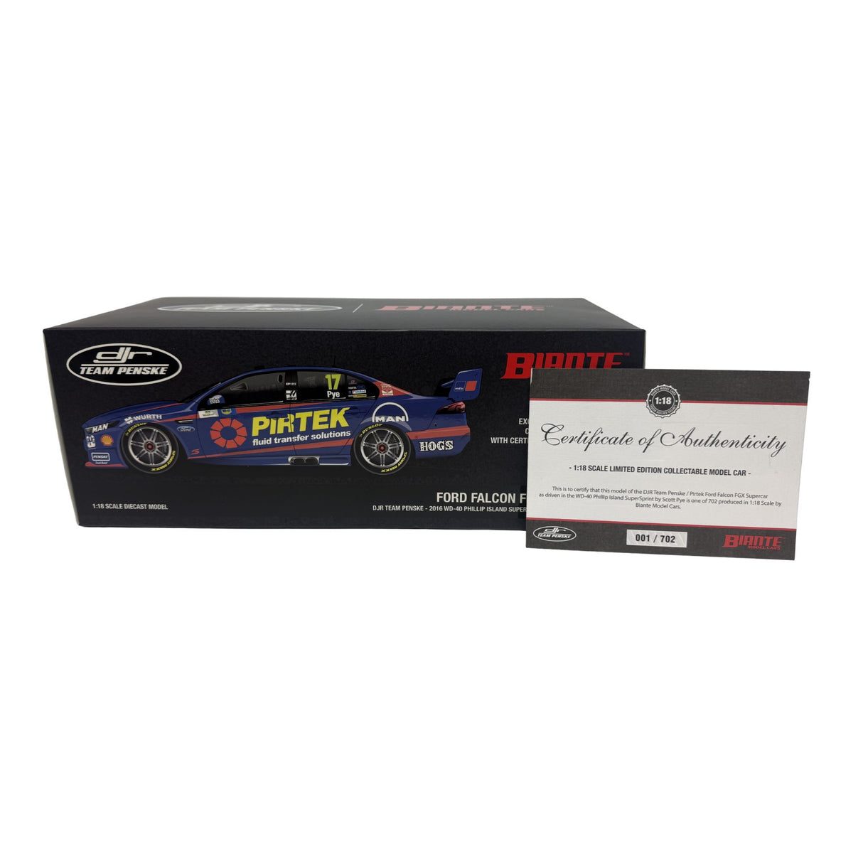 Certificate #1 - FORD FALCON FGX DJR TEAM PENSKE - PIRTEK 2016 WD-40 PHILLIP ISLAND SUPERSPRINT #17 PYE - 1:18 Scale Diecast Model Car