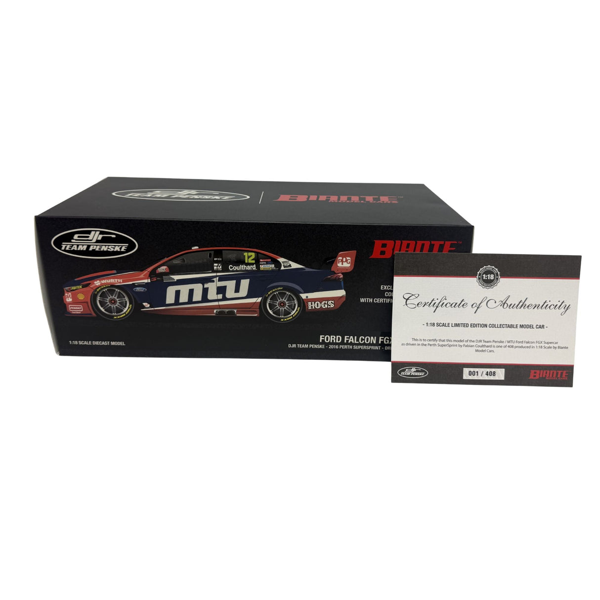 Certificate #1 - FORD FALCON FGX DJR TEAM PENSKE - MTU 2016 PERTH SUPERSPRINT #12 COULTHARD - 1:18 Scale Diecast Model Car