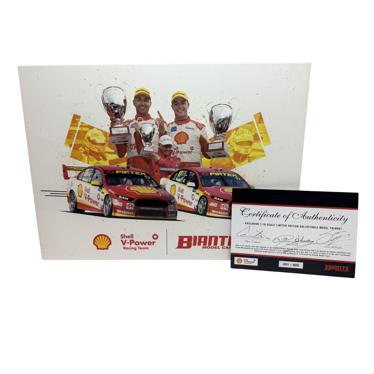Certificate #1 - FORD FALCON FGX SHELL V POWER DJR TEAM PENSKE 2017 TYREPOWER TASMANIA SUPERSPRINT TWIN SET #12 & 17 COULTHARD & MCLAUGHLIN 1ST & 2ND - 1:18 Scale Diecast Model Car