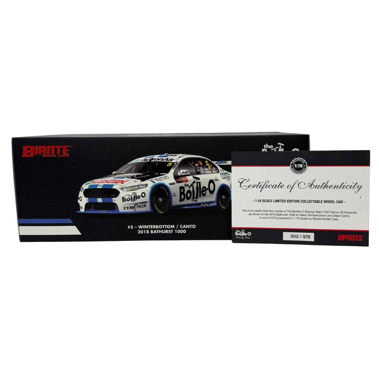 Certificate #2 - FORD FALCON FGX THE BOTTLE-O RACING 2018 BATHURST #5 WINTERBOTTOM/CANTO - 1:18 Scale Diecast Model Car