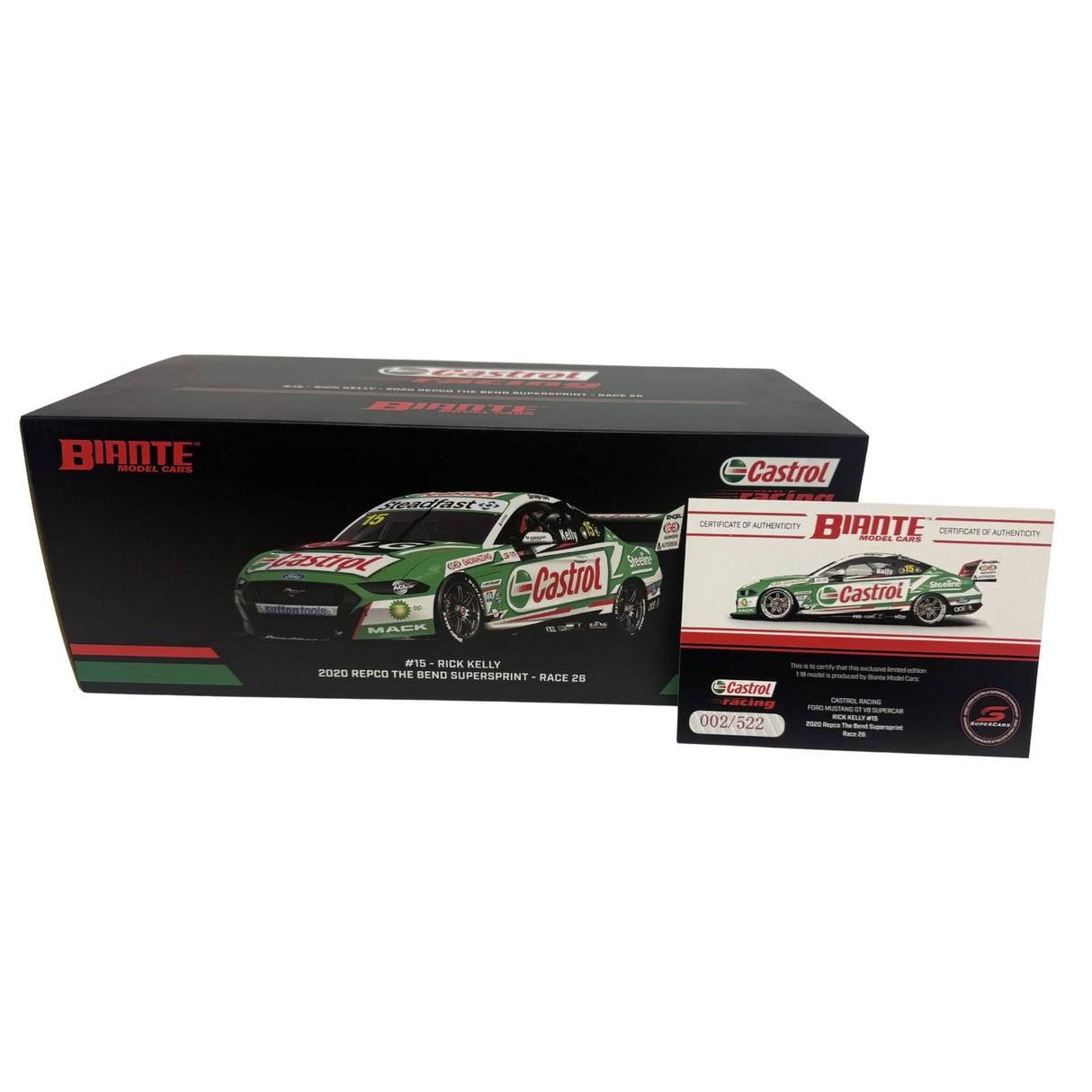 Certificate #2 - FORD MUSTANG GT V8 SUPERCAR - CASTROL 2020 REPCO THE BEND SUPERSPRINT RACE 26 #15 KELLY - 1:18 Scale Diecast Model Car