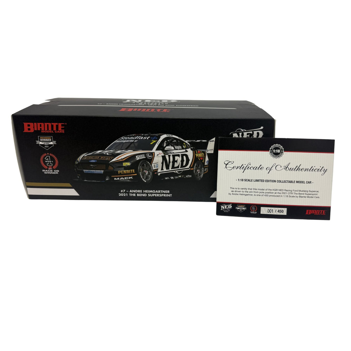 Certificate #1 - FORD MUSTANG V8 SUPERCAR - KGR NED 2021 OTR THE BEND SUPERSPRINT RACE 9 WINNER #7 HEIMGARTNER - 1:18 Scale Diecast Model Car