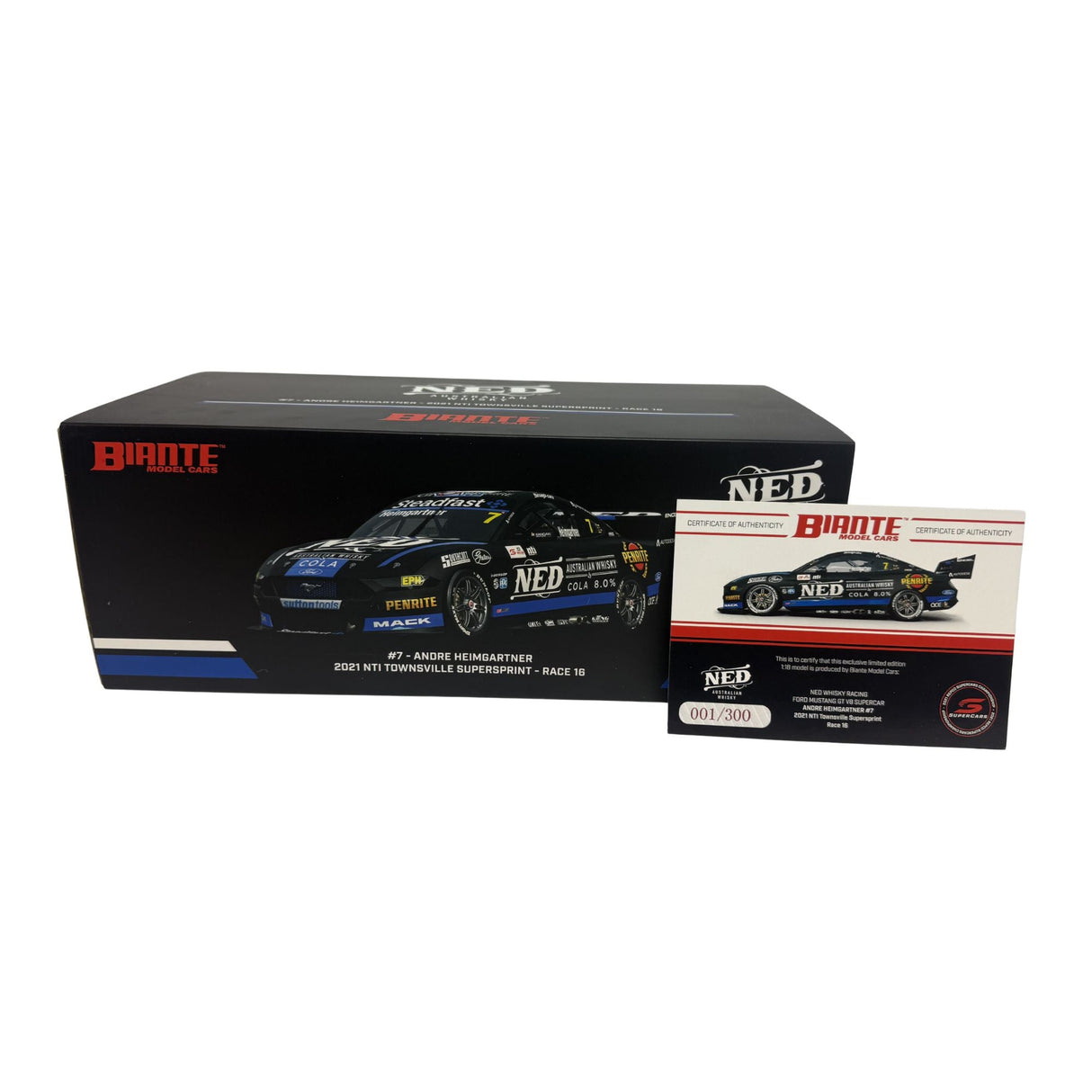 Certificate #1 - FORD MUSTANG GT V8 SUPERCAR - NED WHISKEY 2021 NTI TOWNSVILLE SUPERSPRINT RACE 16 #7 HEIMGARTNER - 1:18 Scale Diecast Model Car