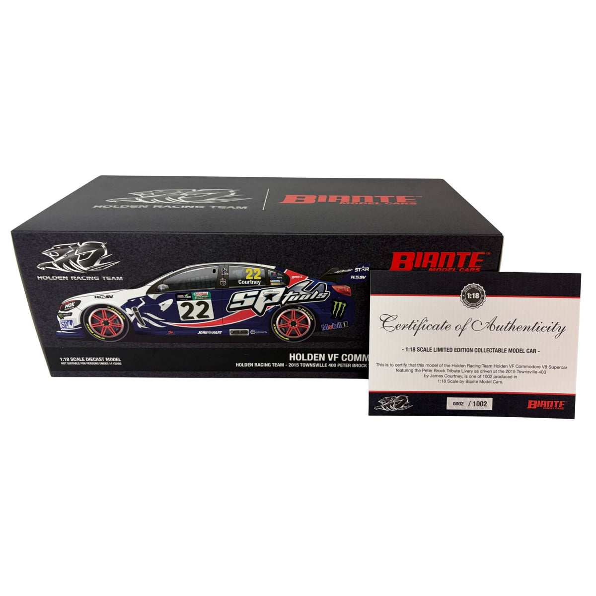 Certificate #2 - HOLDEN COMMODORE VF HOLDEN RACING TEAM 2015 TOWNSVILLE 400 PETER BROCK TRIBUTE LIVERY #22 JAMES COURTNEY - 1:18 Scale Diecast Model Car