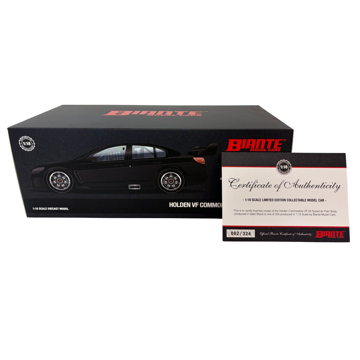 Certificate #2 - HOLDEN COMMODORE VF SATIN BLACK PLAIN BODY - 1:18 Scale Diecast Model Car