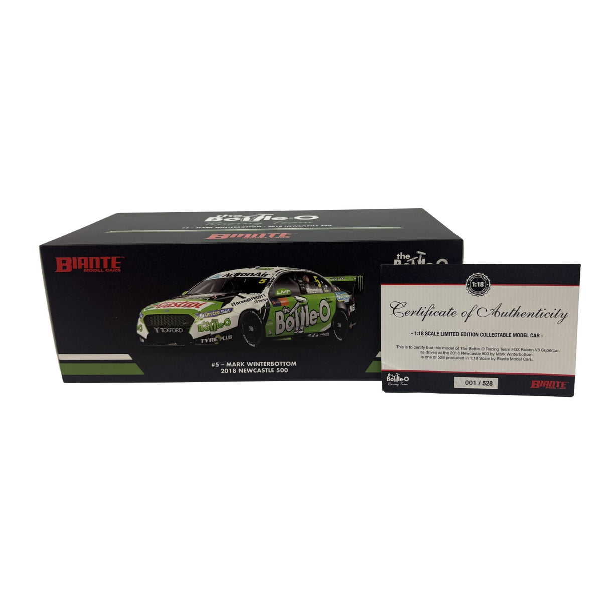 Certificate #1 - FORD FALCON FGX V8 SUPERCAR - THE BOTTLE-O 2018 NEWCASTLE 500 #5 WINTERBOTTOM - 1:18 Scale Diecast Model Car