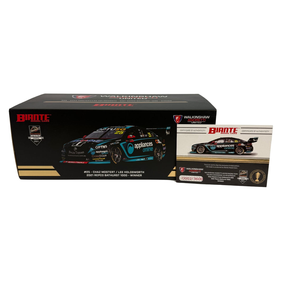 Certificate #2 - HOLDEN COMMODORE ZB WAUR 2021 BATHURST 1000 WINNER #25 CHAZ MOSTERT/LEE HOLDSWORTH - 1:18 Scale Diecast Model Car