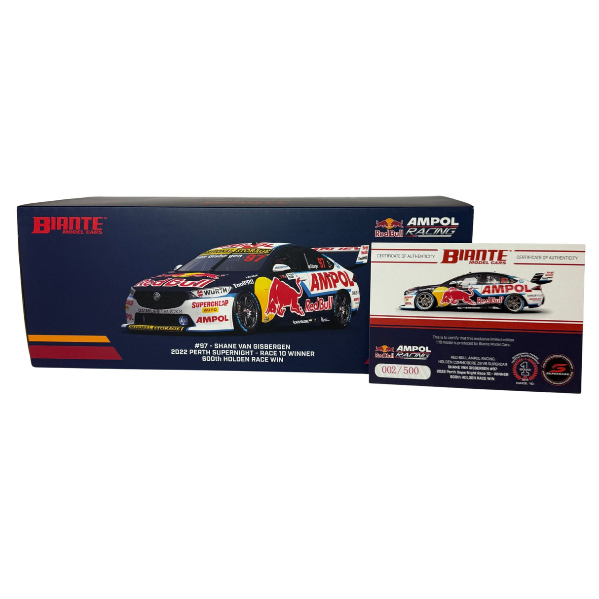 Certificate #2 - HOLDEN ZB COMMODORE - RED BULL AMPOL RACING - SHANE VAN GISBERGEN #97 - 2022 Bunnings Trade Perth Supernight Race 10 - 600th Holden Race Win - Winner - 1:18 Scale Diecast Model Car