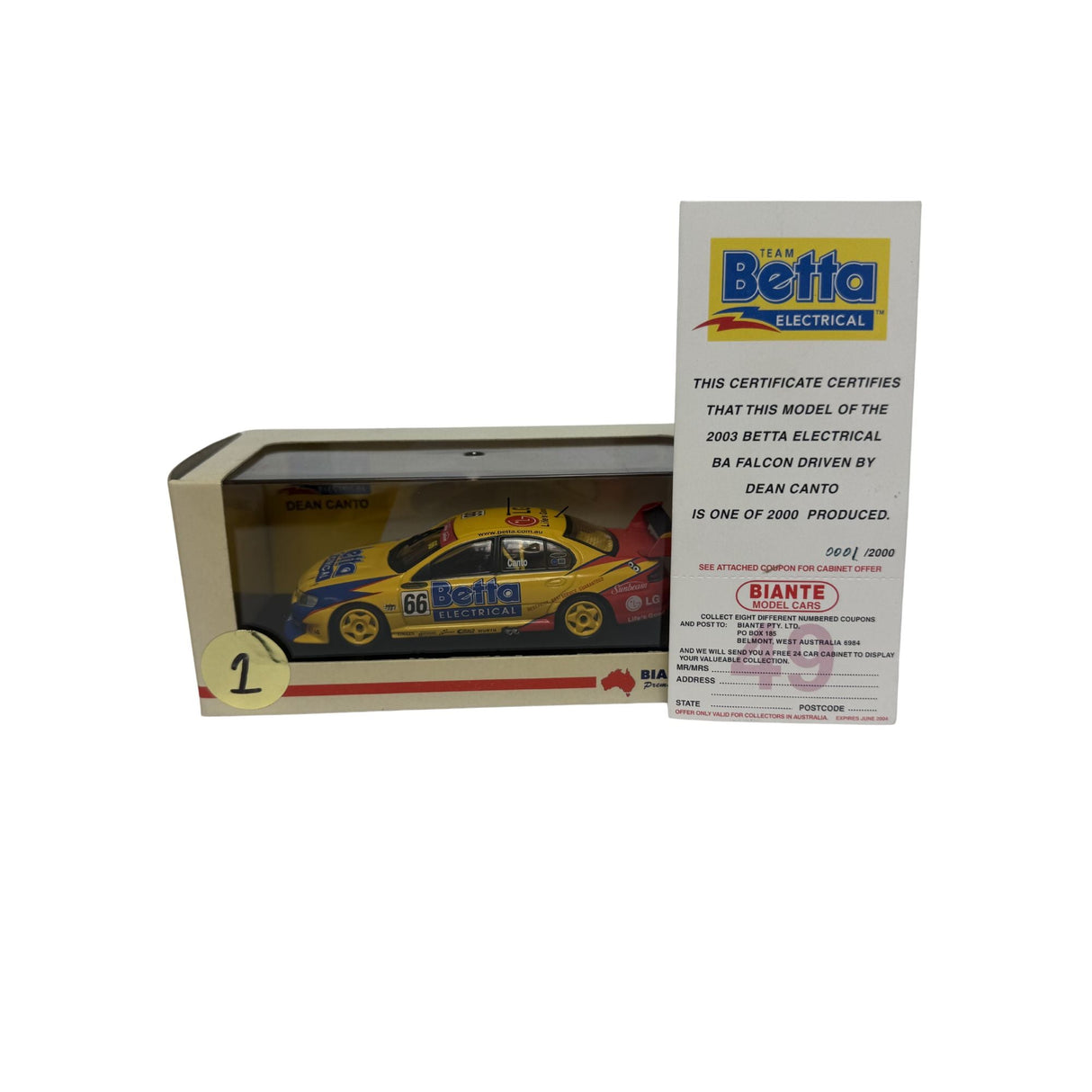 Certificate #1 - FORD FALCON BA - BETTA ELECTRICAL 2003 #66 DEAN CANTO - 1:43 Scale Diecast Model Car
