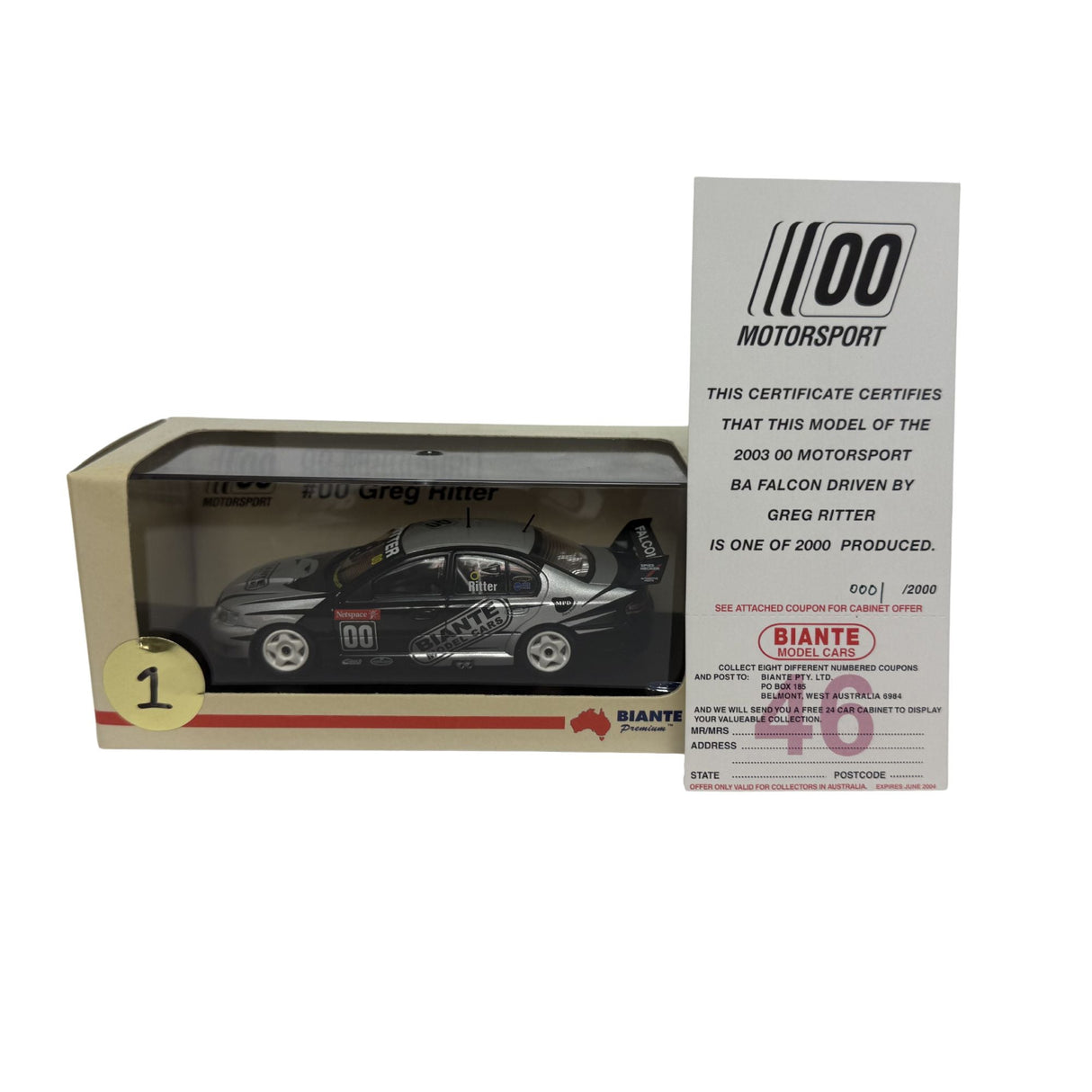 Certificate #1 - FORD FALCON BA - 00 MOTORSPORT 2003 #00 GREG RITTER - 1:43 Scale Diecast Model Car
