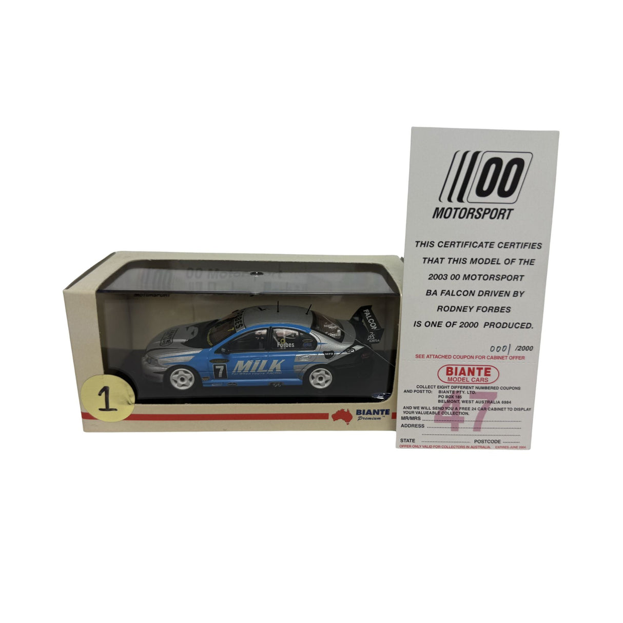 Certificate #1 - FORD FALCON BA - 00 MOTORSPORT 2003 #7 RODNEY FORBES - 1:43 Scale Diecast Model Car