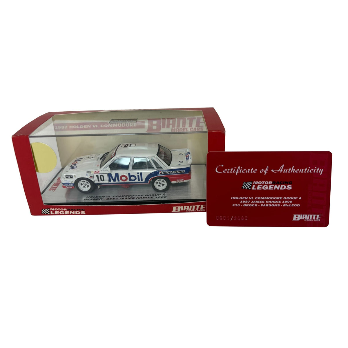 Certificate #1 - HOLDEN COMMODORE VL 1987 BATHURST 1000 WINNER #10 BROCK/PARSONS/MCLEOD - 1:43 Scale Diecast Model Car