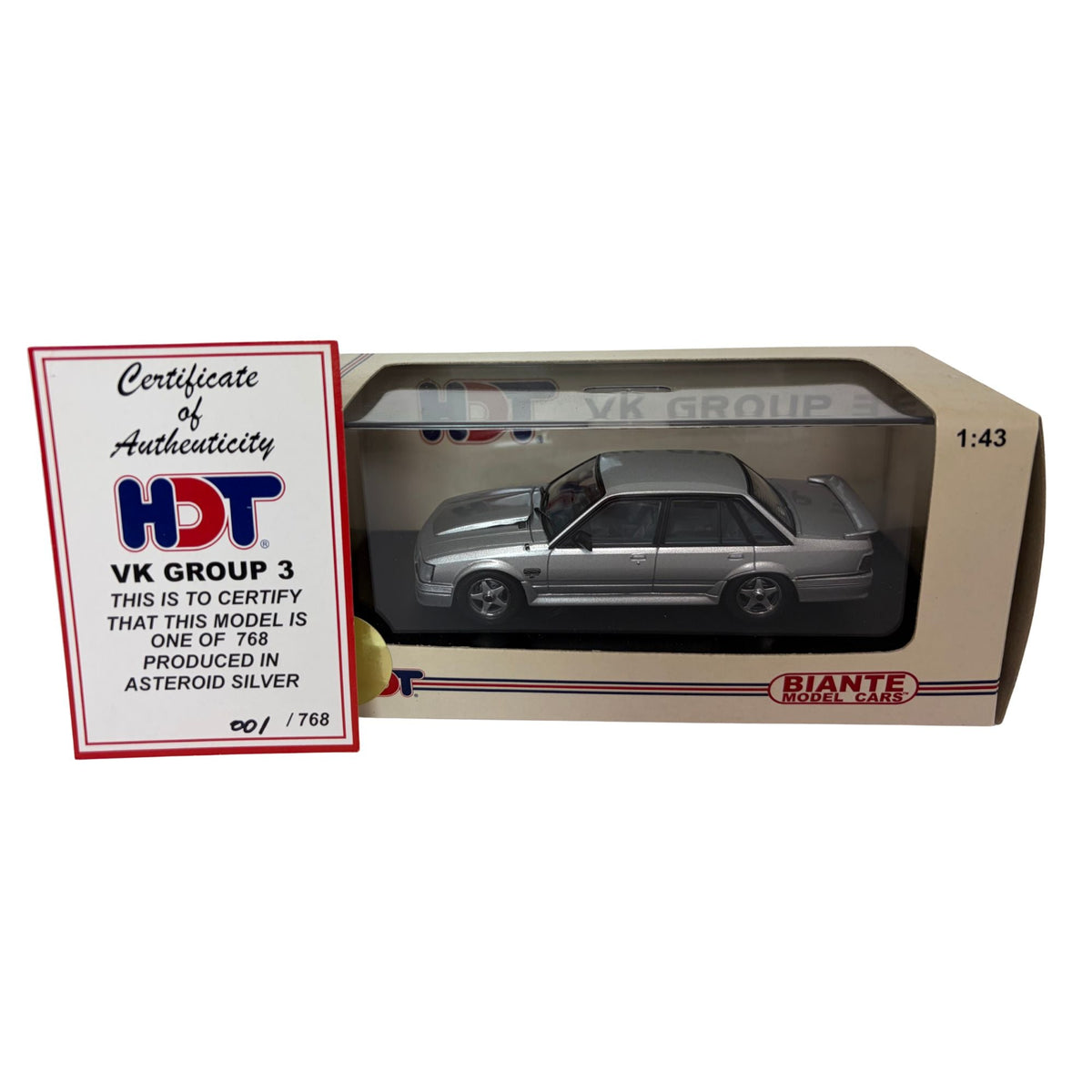 Certificate #1 - Holden HDT Commodore SS VK Group 3 - Asteroid Silver - 1:43 Scale Diecast Model Car