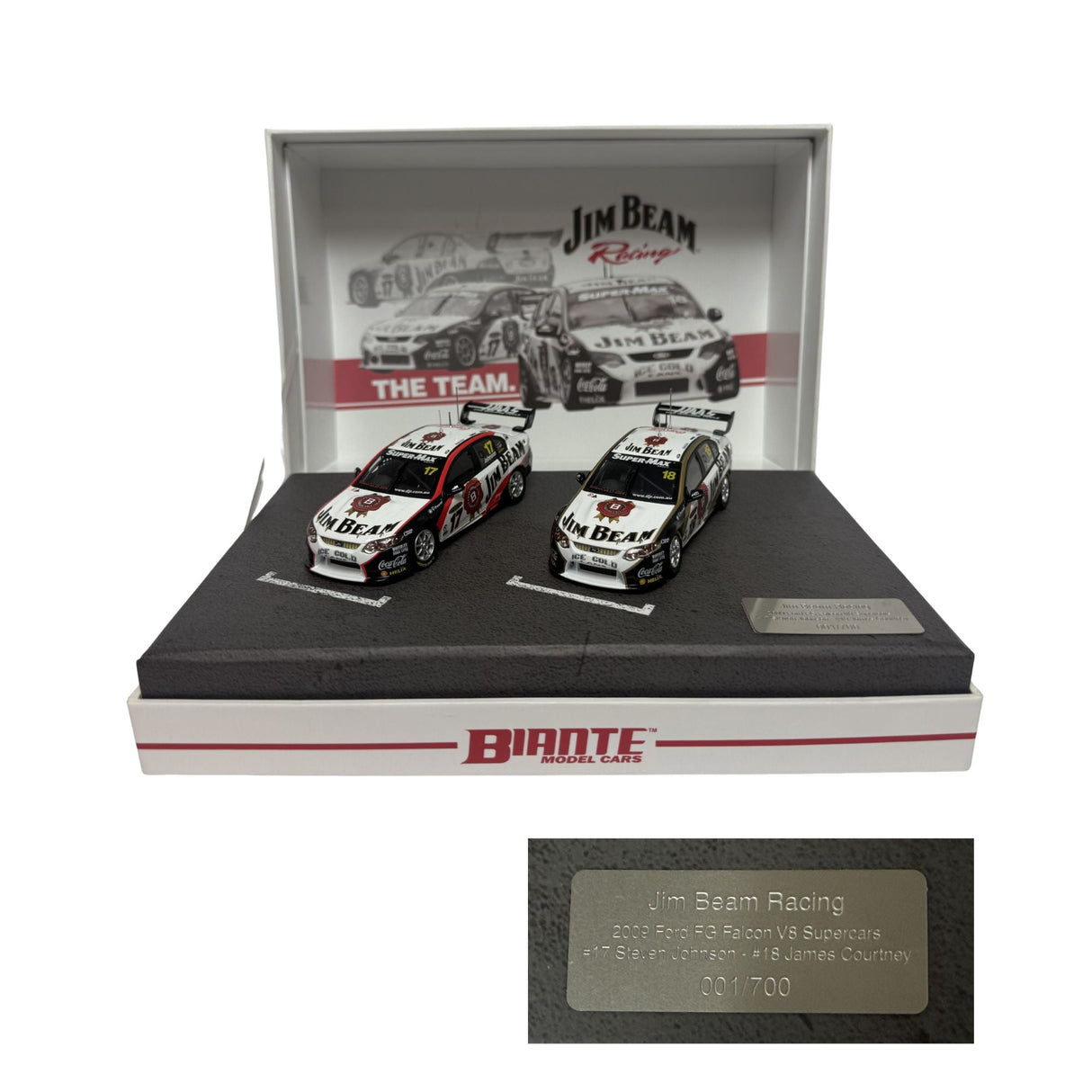 Certificate #1 - FORD FALCON FG V8 SUPERCARS - JIM BEAM RACING 2009 TWIN SET #17 & #18 JOHNSON & COURTNEY - 1:43 Scale Diecast Model Car