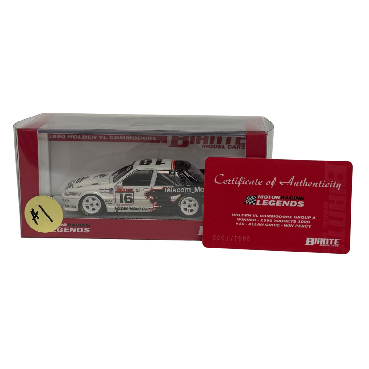 Certificate #1 - HOLDEN COMMODORE VL WINNER 1990 TOOHEYS 1000 WINNER #16 GRICE/PERCY - 1:43 Scale Diecast Model Car
