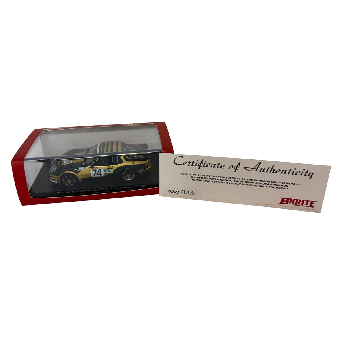 Certificate #1 - PORSCHE 924 CARRERA GT 1981 LE MANS 24 HR #74 BROCK/BOND/RICHARDS - 1:43 Scale Diecast Model Car