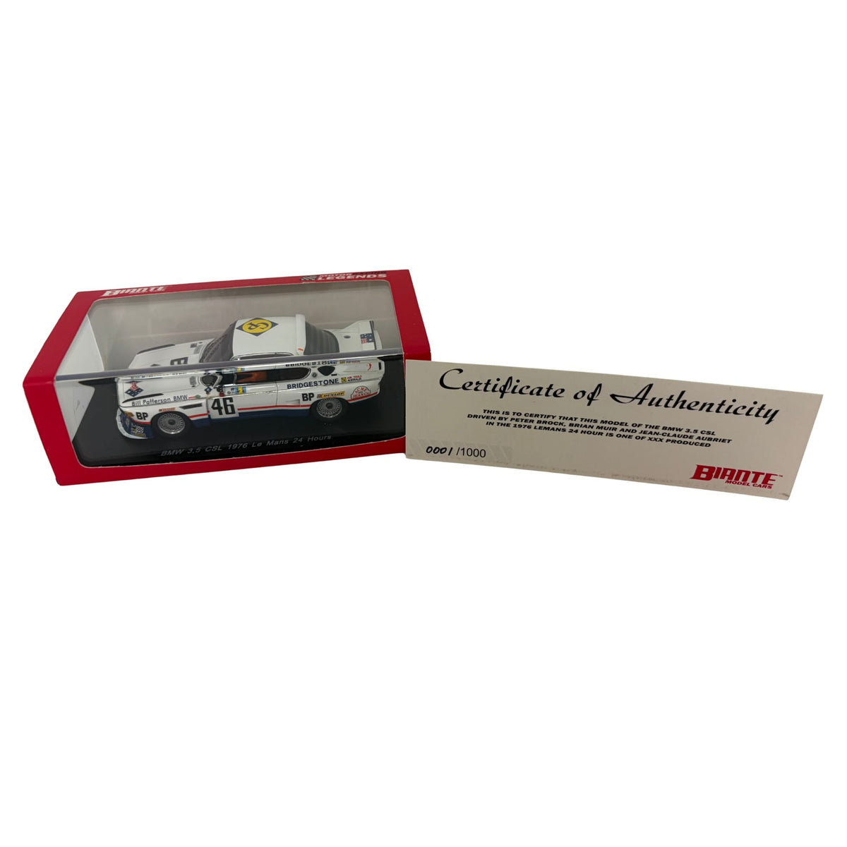 Certificate #1 - BMW 3.5 CSL 1976 LE MANS 24 HOUR #46 BROCK/MUIR/AUBRIET - 1:43 Scale Diecast Model Car