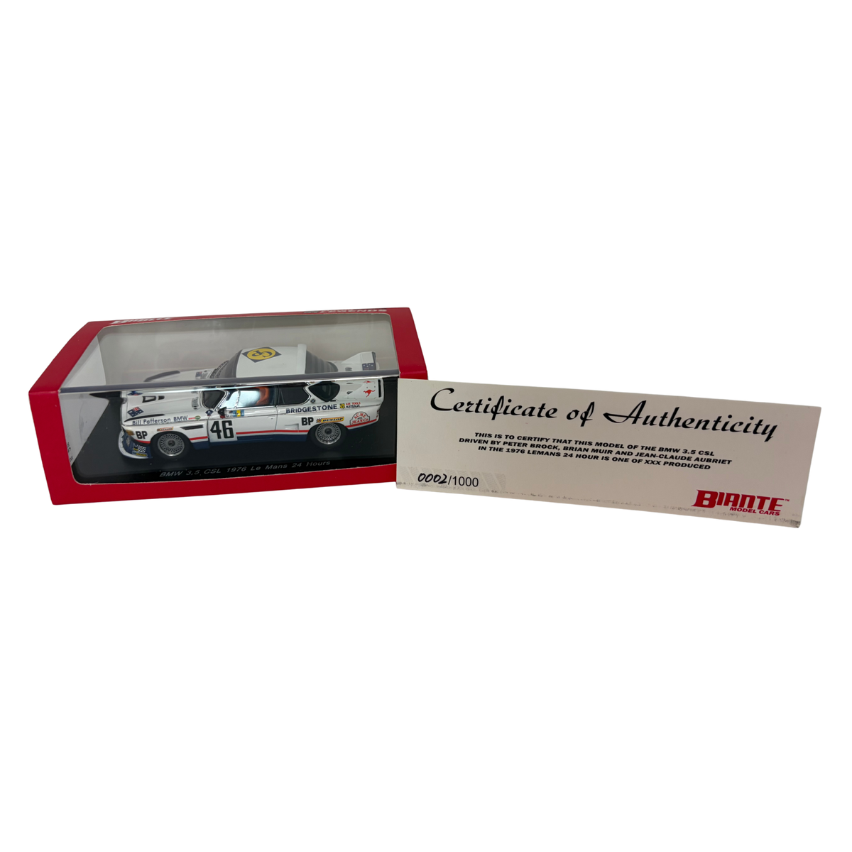 Certificate #2 - BMW 3.5CSL 1976 LE MANS 24 HOUR #46 BROCK/MUIR/AUBRIET - 1:43 Scale Diecast Model Car