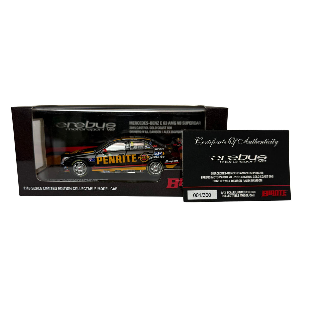 Certificate #1 - MERCEDES BENZ E 63 AMG EREBUS MOTORSPORT V8 2015 CASTROL GOLD COAST 600 #9 WILL AND ALEX DAVISON - 1:43 Scale Diecast Model Car