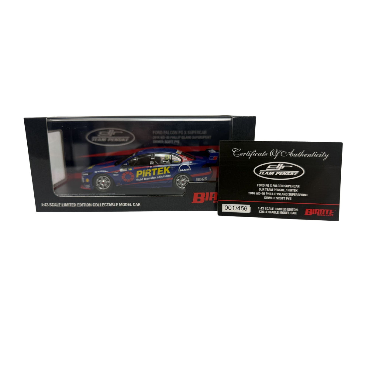 Certificate #1 - FORD FALCON FGX DJR TEAM PENSKE - PIRTEK 2016 WD-40 PHILLIP ISLAND SUPERSPRINT #17 PYE- 1:43 Scale Diecast Model Car